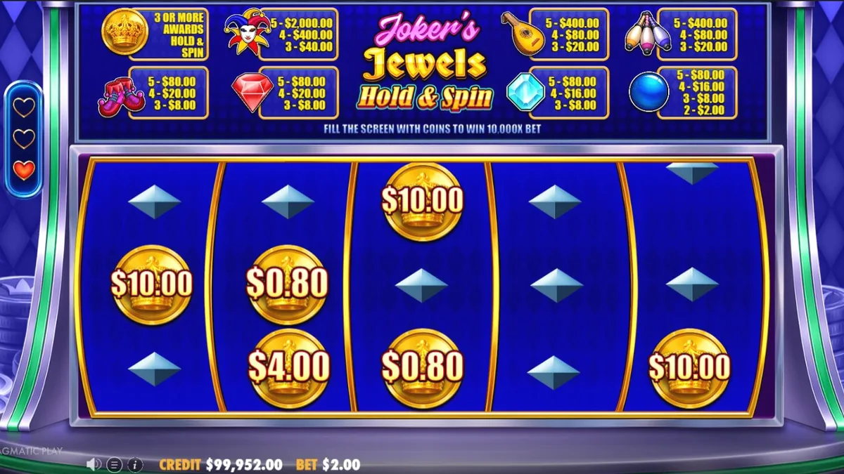 Tampilan visual slot Joker’s Jewels Hold & Spin dengan tema retro dan simbol permata