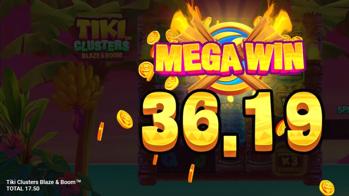 Tampilan visual slot Tiki Clusters Blaze & Boom dengan tema tropis dan simbol Tiki.