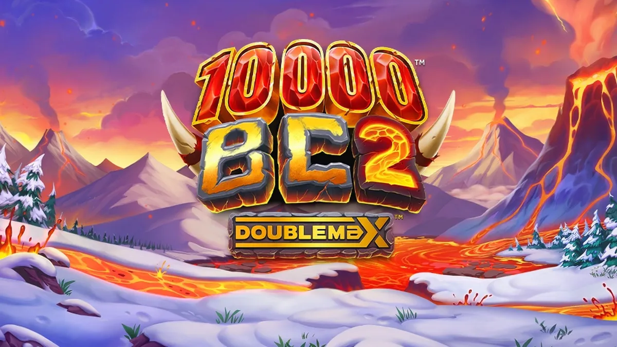 Visual slot 10000 BC DoubleMax 2 dengan tema prasejarah dan gunung berapi